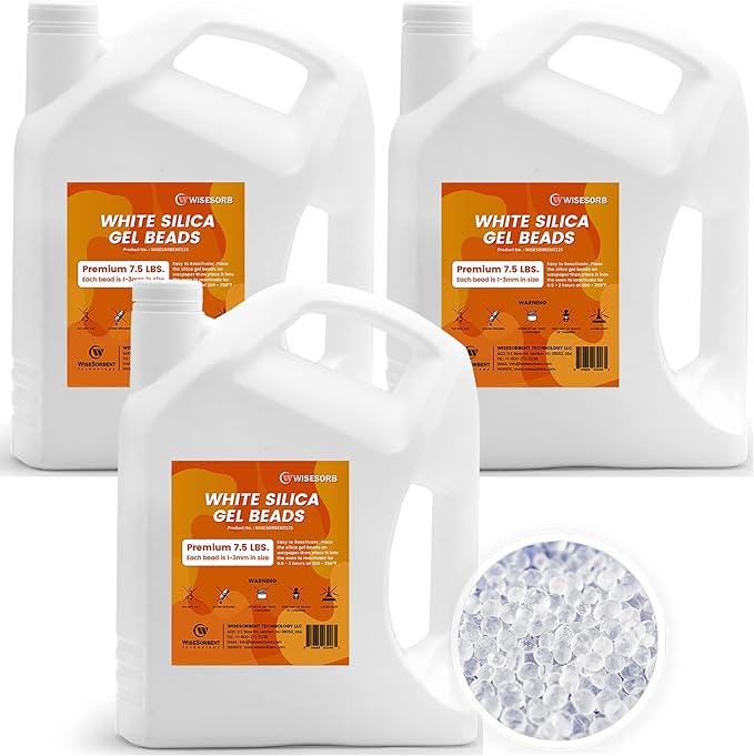 22.5LBS Pure White Silica Gel Desiccant Beads, 1-3mm Reusable Silica Beads, Moisture Absorber