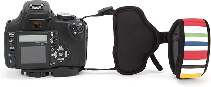 USA Gear DualGRIP Professional Grip Camera Hand Strap with Neoprene Design and Metal Plate - Compatible with Canon, Fujifilm, Nikon, Sony, and more DSLR, Mirrorless, Point & Shoot Cameras (Striped)