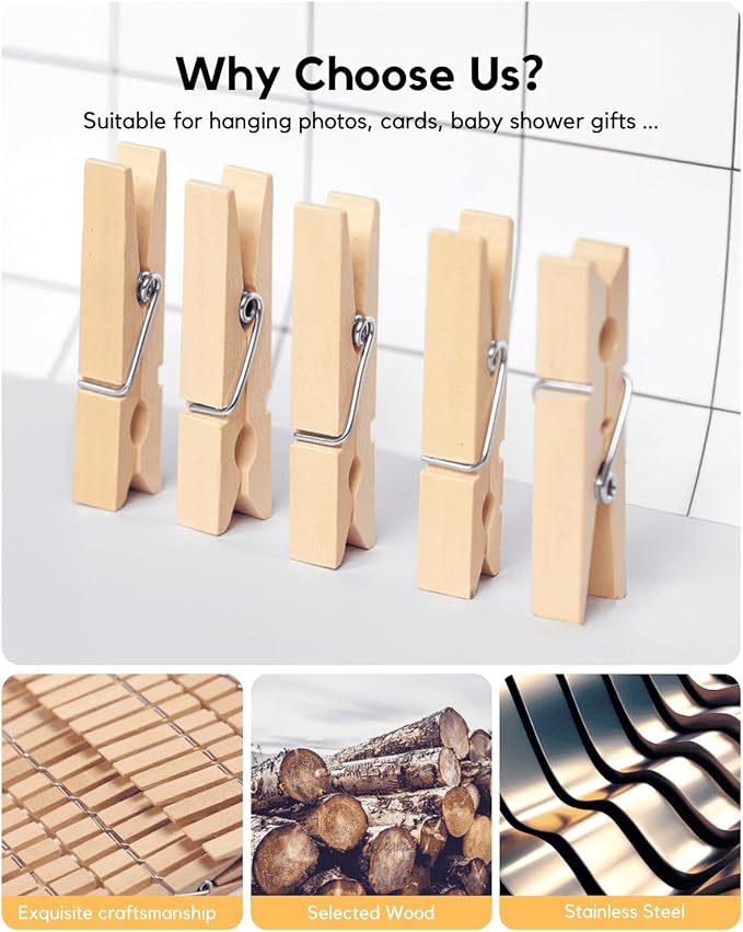 1.9 Inch Wooden Clothespins – 50 Pack Heavy-Duty Clothes Pins for Laundry, Crafts & Photos – Natural Wood Clips for Hanging, Clothesline & DIY Projects