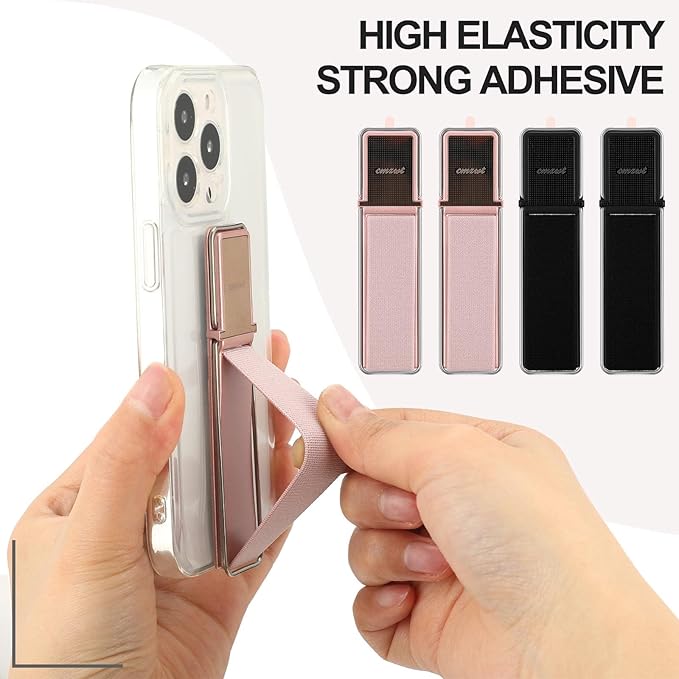 4 Pieces Phone Grip Strap Telescopic Phone Kickstand Elastic Finger Holer Hand Strap Adhesive Loop for Phone Grip with Stand Compatible with Most Smartphones (Black, Rose Gold)