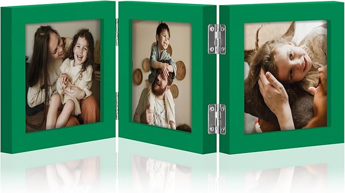 decorUhome Triple 4x4 Picture Frame Vertical, Engineered Wood Trifold Photo Frame with Plexiglass for Tabletop Display, 4x4, Green