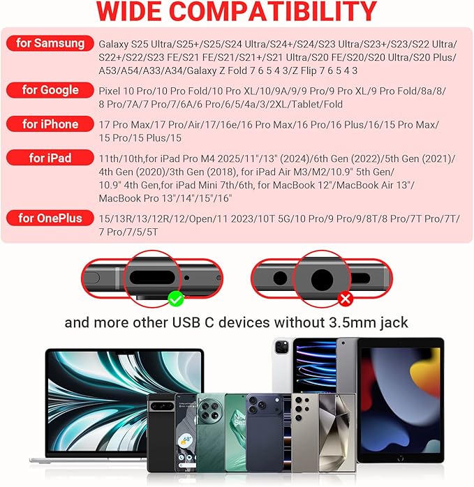 USB C Headphones for iPhone 17 Air 16 Pro Max 15, Type C Earphones with Microphone Magnet HiFi Stereo Wired Earbuds for Samsung Galaxy S26 S25 Ultra S24+ 23 A53 S21 S20 FE Flip 7 6 Fold/Pixel 10, Red