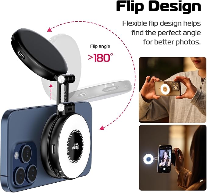 ULANZI Magnetic Selfie Light, LED Fill Light Compatible with Magsafe, LED Selfie Ring Light Included Sticky Ring for Phones, for Selfies/Photography/TikTok/Zoom Calls/Video Conference Color Black
