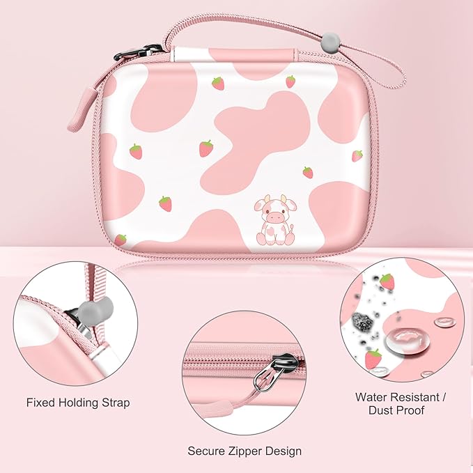 FINTIE Kids Camera Case Compatible with Goopow/Seckton/Dylanto/Mgaolo/Masterbee/CIMELR/Desuccus Kids Digital Camera Toys, Children Carrying Bag, Birthday Festival Gift, Strawberry Cow