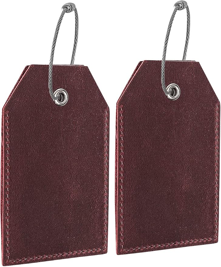 Genuine Leather Set of 2 Luggage Tag with Full Back Privacy Name ID Card Stainless Steel Loop Suitcase Labels Identifiers Baggage Tags Luggage for Women Men Travel (Wine Red)