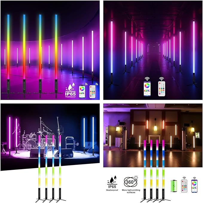 4Pack Professional 360 DJ Tube Light Bar Stand with Case Battery Powered IP65 Waterproof APP Control D40 5ft RGB Led Party Light Stick for Outdoor Video Studio Wedding Stage Lighting