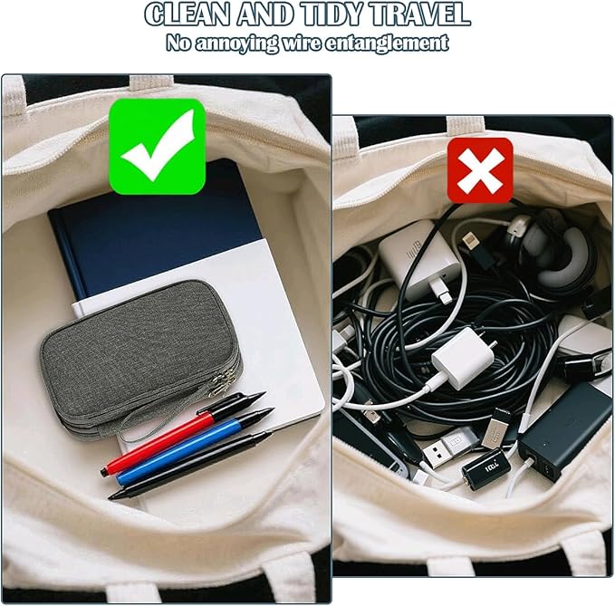 ULLiaN Electronics Travel Organizer Case, Double Layers Tech Pouch Accessories Cord Storage Bag with 2 PCS Data Silicone Ties Portable Cable Bags for Charger Phone Power Bank Sd Card Cables, Grey