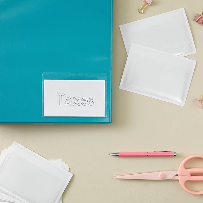 Juvale 100-Pack Clear Index Card Pockets - 3.6 x 5.25 in Plastic Sleeves - Adhesive Label Pockets for Storage Bin & Shelf Labels