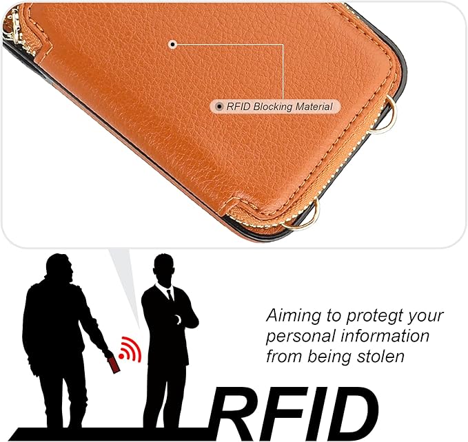Bocasal RFID Blocking Wallet Case for iPhone 15 Pro Max, Adjustable Crossbody Zipper Purse Case Card Holder with Kickstand Detachable Wrist Strap, PU Leather Flip Folio Case 6.7 Inch 5G (Brown)