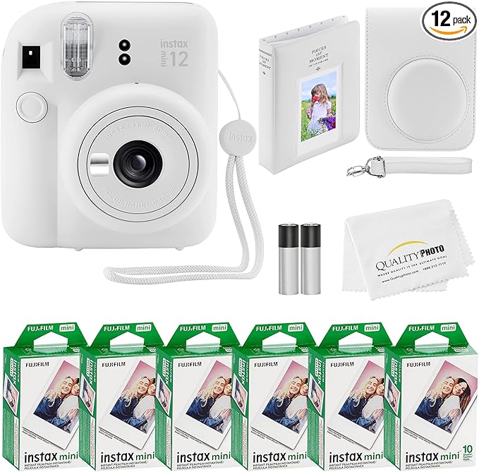 Fujifilm Instax Mini 12 Instant Camera + 60 Photo Prints + Quality Photo Value Bundle, Case, Decoration Stickers, Frames, Photo Album, (Clay White)