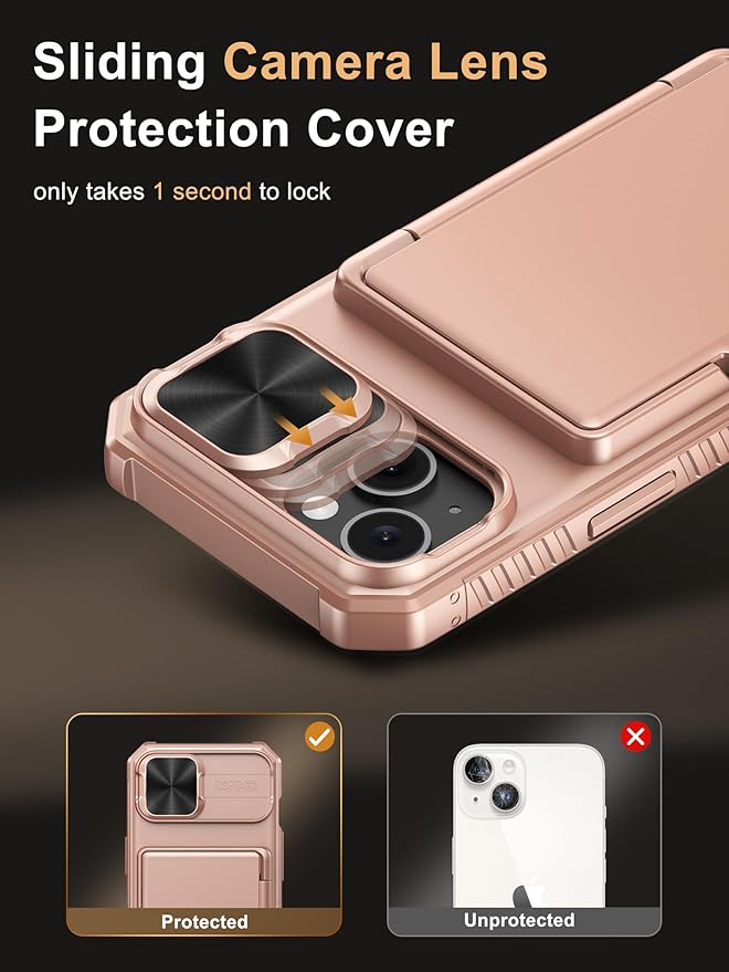 Vihibii for iPhone 15/14/13 Case with Card Holder (4 Cards), [RFID Blocking] & Slide Lens Camera Cover, Military Grade Drop Protection, Rugged Heavy Duty Wallet Case, Rose Gold