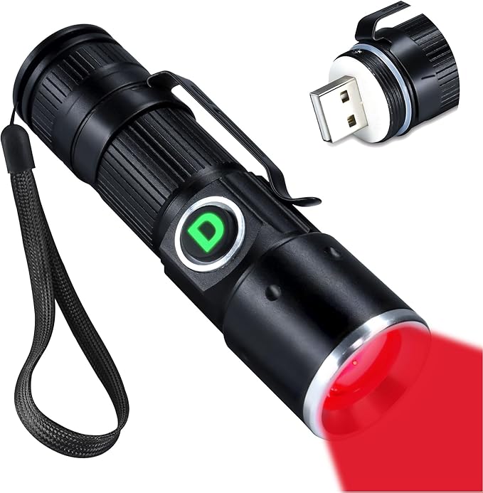 DARKDAWN Redlight Flashlight Rechargeable USB, LED Mini Red Light Flashlights Focus Adjustable, Flash Light Portable with Pocket Clip for Fishing, Beekeeping, Hunting, Night Astrophotography