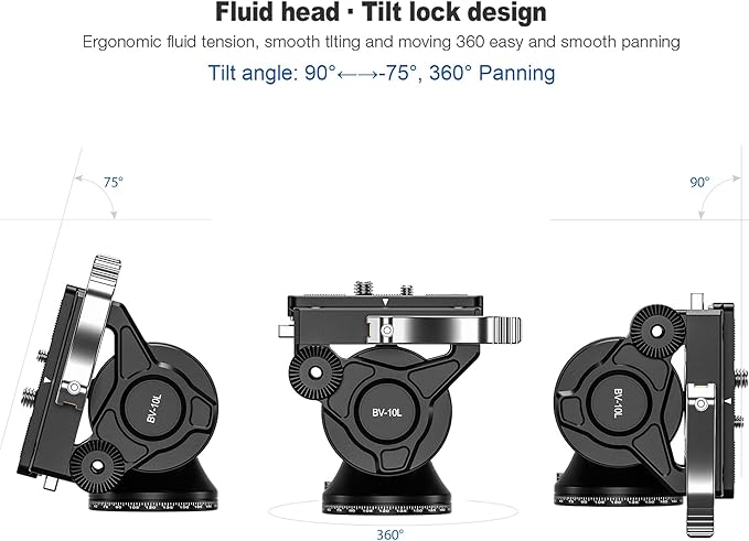 Leofoto Professional Fluid Video Head with Flat Base and Adjustable Handle, Fluid Dampened, 360º Panning with Pan Lock, Heavy Duty for Video Cameras, Weight 0.75kg/1.65lb, Load up to 11lbs (BV-10L)