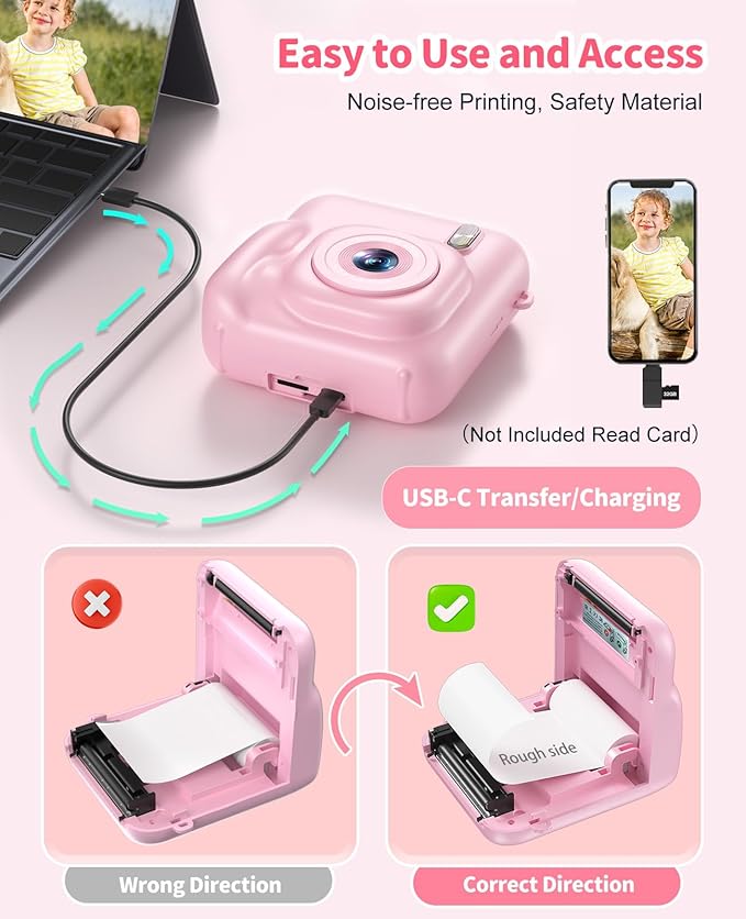 Kids Camera Instant Print, 48MP Dual-Lens Digital Camera for Girls Boys Christmas Birthday Gifts, 1080P Selfie Instant Cameras for Kids Video, Portable Toddler for 4-12 Years Old with 32GB Card-Pink
