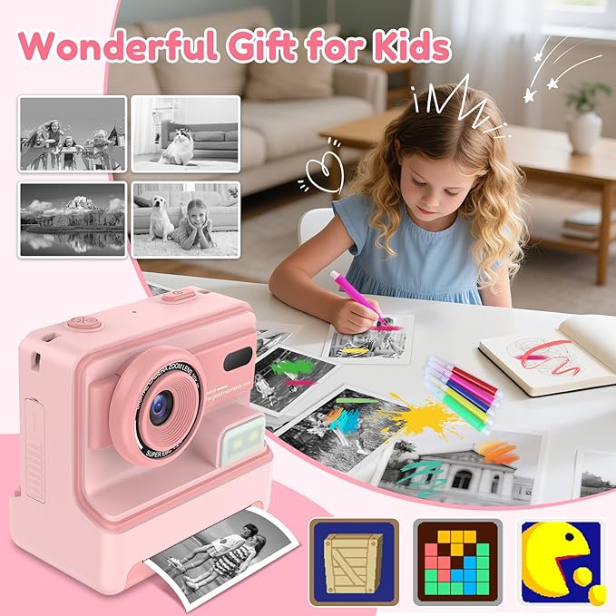 Kids Camera Instant Print, Christmas Birthday Gifts for Girls Age 3-12, Dual-Lens Selfie Camera for Kids with 1080P Videos, 2.4 Inch Screen, 32GB SD Cards & 3 Rolls Print Paper