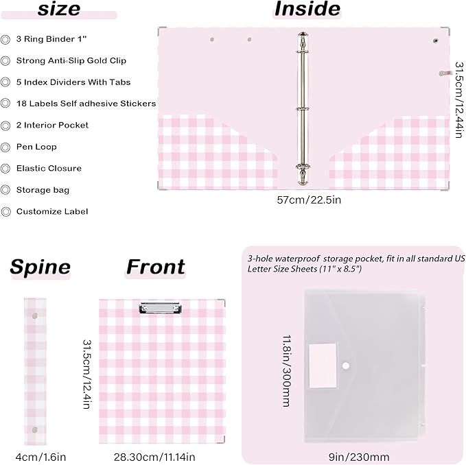 Etzul 3 Ring Binder 1 inch with Clipboard - Pink & White Grid Design, Includes Dividers, File Bag & Spine Label - Ideal for Students and Professionals, Holographic Waterproof Film