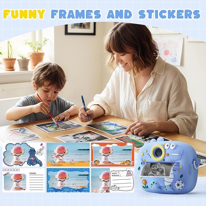 Kids Instant Print Camera with Dinosaur Silicone Cover,1080P HD Digital Video Cameras for Kids with Print Paper & SD Card,Christmas Birthday Gifts for Girls Boys 3-10 Years (Blue)