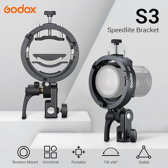 Godox S3 Speedlite Bracket, Compact Lightweight Bowens Mount for Godox V1/V1Pro, AD200/AD300, V860II/III, 20% Smaller Than S2, ±90° Angle Adjustment & Umbrella Hole, 0.45kg