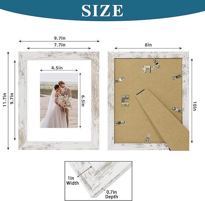 8x10 Picture Frame Set of 4, Made of Real Glass and Distressed White Wooden Frame, 8 by 10 Photo for Wall or Tabletop - Display Picture 5x7 with Mat or 8x10 Without Mat (Pack of 2)