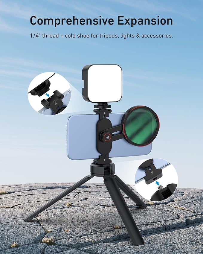 TELESIN Universal Phone Filter Mount for 67mm DSLR Filters, Clip-On Holder with Cold Shoe & 1/4" Thread, Lightweight for Travel & Vlogging, for iPhone 16 15 Pro Max, Samsung S24 Ultra, Pixel and More