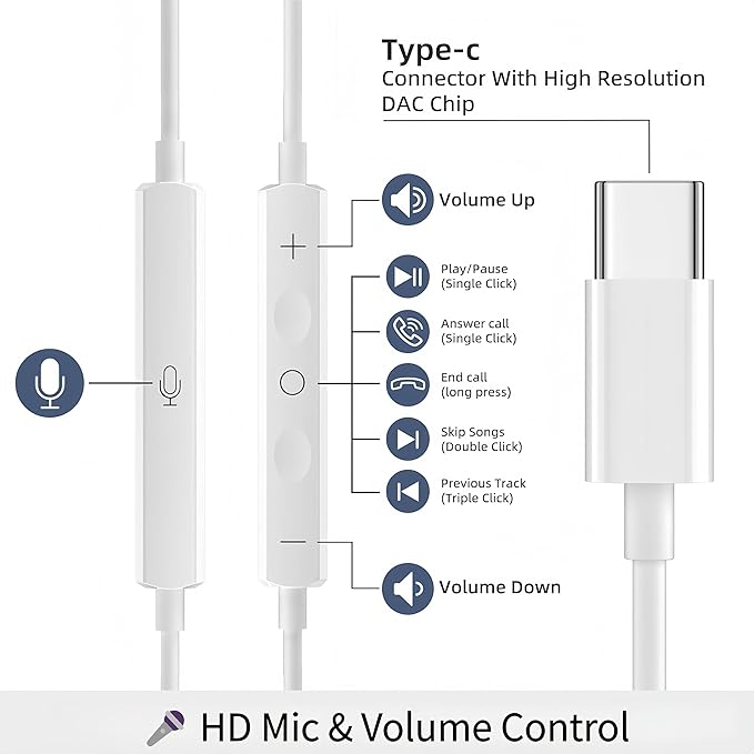 5 Pack USB C Headphones for iPhone 17/16/15 Pro Max iPad Plus TypeC Earphones with Microphone Volume Control USBC Wired Earbuds USB Type C Earphone for Samsung S25 Ultra S24 S23 S22 （1.2M/4Ft）