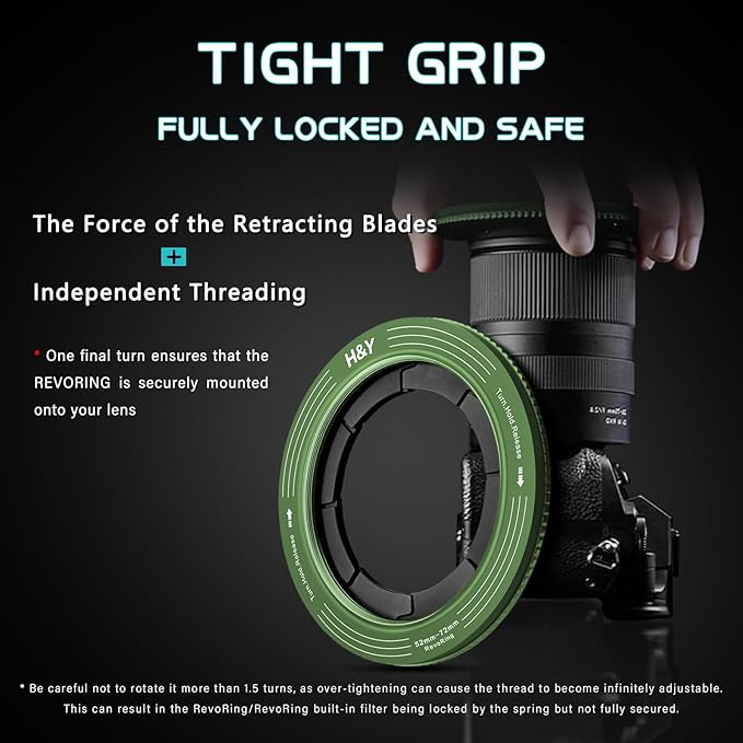 H&Y RevoRing Adjustable Step Up Ring 52-72mm to 77mm, Variable Lens Filter Adapter Ring, Universal Stepping System fits 52 55 58 62 67 72mm, Vintage Green