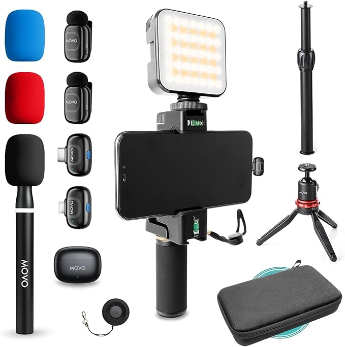 Movo iVlogger-PRO Wireless Vlogging Kit for iPhone/Android - YouTube Starter Kit with Wireless Microphone and LED Light for Content Creators