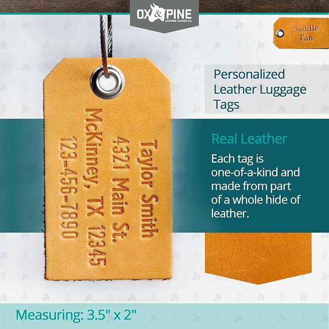 Ox & Pine Handmade Personalized Leather Luggage Tags - 100% Full-Grain Leather (Dark Brown, Rustic Brown, Saddle Tan, Rustic Gray, or Black) 3.5" x 2" (Rustic Gray)