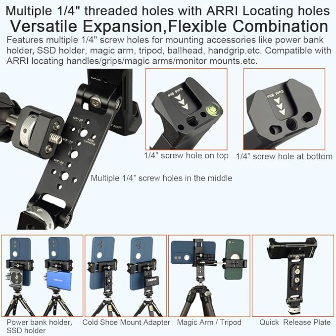Aluminum Phone Tripod Mount Adapter with Cold Shoe and 1/4” Threaded Holes, 360° Rotation 230° Tilt Camera Phone Holder Mount for iphone Camera Monitoring Gimbals Stabilizers Tripods Phone Holder