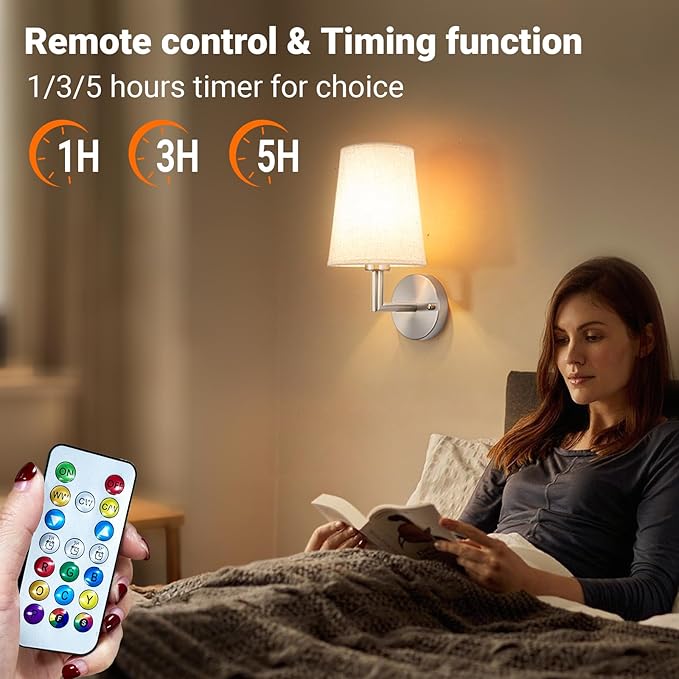 Wall Sconce Battery Operated Wall Light Fixure with Remote Control, Dimmable Battery Operated Wall Sconces Set of Two, Indoor Wireless Wall Mounted Lamp with Rechargable Bulb for Bedroom Living Room