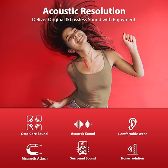 Jiunai USB C Wired Earbuds for iPhone 17 Pro Max 16e Headphone with USB C Plug in Ear Magnetic Stereo S M L Ear Tips Corded Type C Earphone for iPhone 17e 16 15 for Samsung S26 S25 S24 for iPad Red