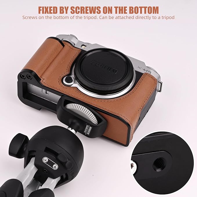 Uchandmade Handmade Genuine Leather Camera Half Case for Fujifilm X-M5/Fujifilm X-M5 Camera Case/Fujifilm X-M5 Case - Top Layer Cowhide Body + Metal Base Plate+ Hand Shank Design (Brown M-BOX)