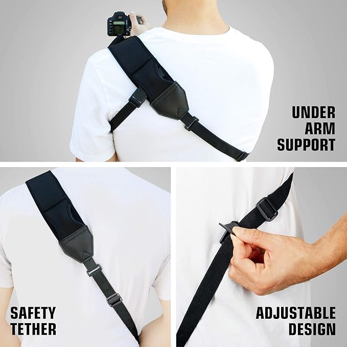 USA Gear Camera Sling Shoulder Strap with Adjustable Neoprene, Safety Tether, Accessory Pocket, Quick Release Buckle - Compatible with Canon, Nikon, Sony and More DSLR and Mirrorless Cameras (Black)