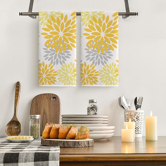 Artoid Mode Yellow Dahlia Floral Kitchen Towels Dish Towels, 18x26 Inch Quick Dry Microfiber Cloth Hand Towels for Kitchen Drying Set of 2