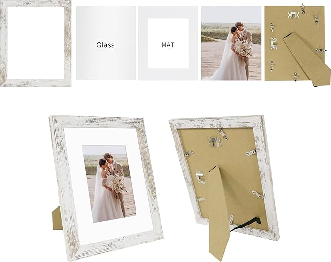 8x10 Picture Frame Set of 4, Made of Real Glass and Distressed White Wooden Frame, 8 by 10 Photo for Wall or Tabletop - Display Picture 5x7 with Mat or 8x10 Without Mat (Pack of 2)