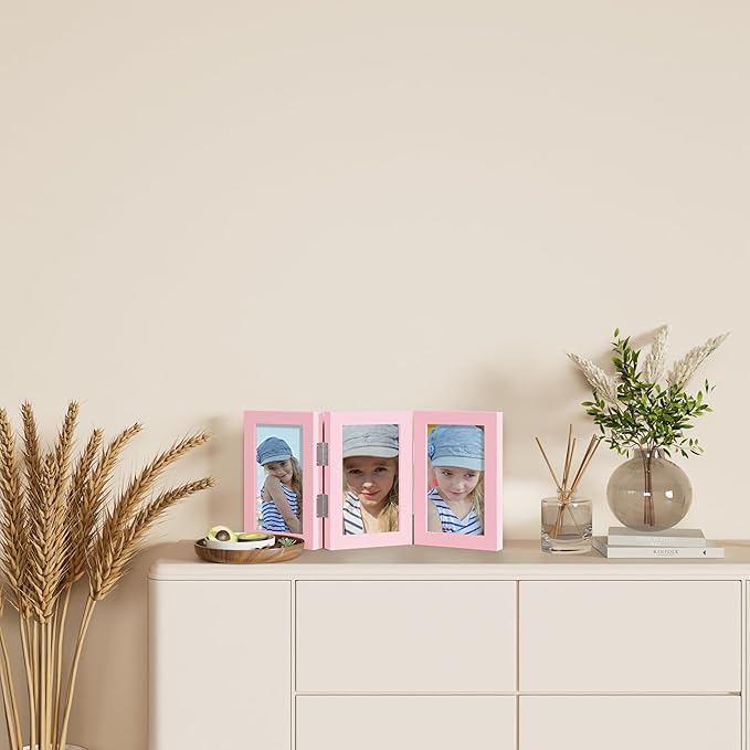 decorUhome Triple 4x6 Picture Frame Vertical, Engineered Wood Trifold Photo Frame with Plexiglass for Tabletop Display, 4x6, Pink
