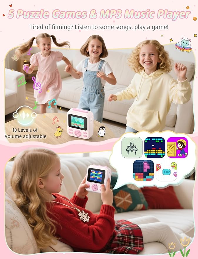 Kids Camera Instant Print, 1080P HD Digital Video Kids Instant Camera for Girl Boys, Toddler Toys for Children Age 3-12 with 3 Rolls Print Paper & 32G Card (Pink)