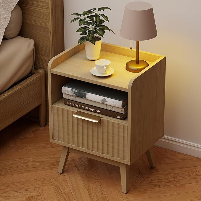 Modern Fluted Nightstand with Drawer and Open Storage Shelf, Bedside Table with Raised Edge, Boho Night Stand with Solid Wood Legs & Metal Handle, End Table for Bedroom Natural