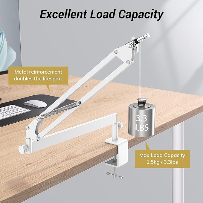 Tonor Mic Arm Desk Mount, Low Profile Boom Arm, Microphone Arm, Adjustable Mic Stand with Desk Mount Clamp, Cable Management, 3/8’’ and 5/8’’ Screwadapter for Most Microphone, White, T20LP