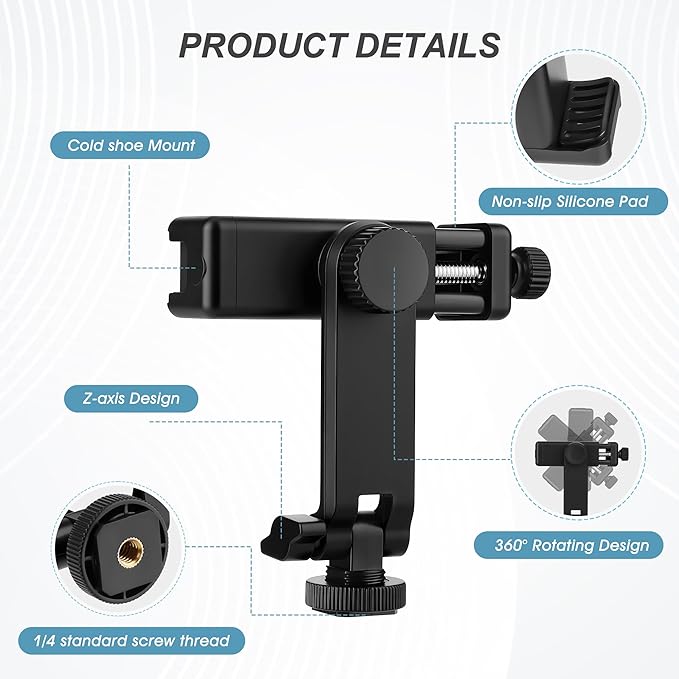 Universal Cell Phone Tripod Mount Adapter, Camera Hot Shoe Phone Holder Clamp with 360 Rotation Bracket 1/4" Screw Hole for Canon Nikon Sony DSLR iPhone Android