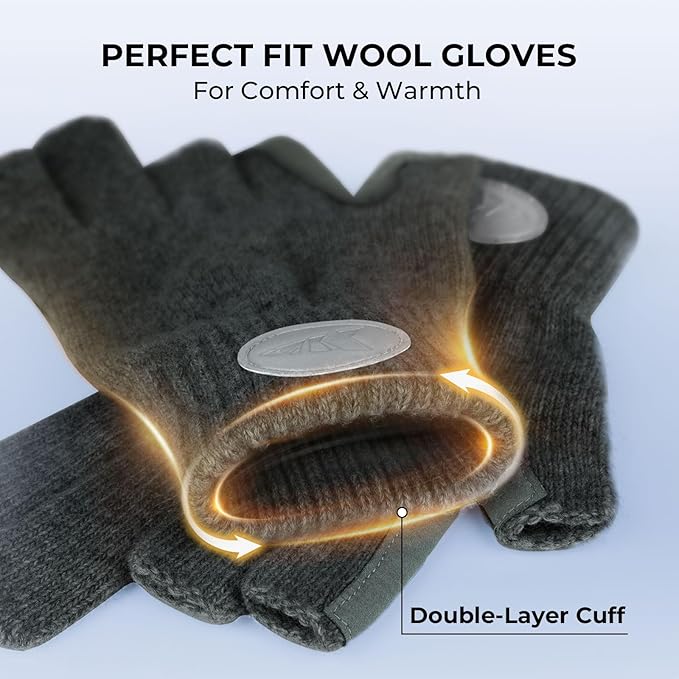 KastKing Bully Wooly 3-Cut Fingerless Wool Fishing Gloves, Cold Weather Warm Winter Gloves for Men & Women, Ice Fishing