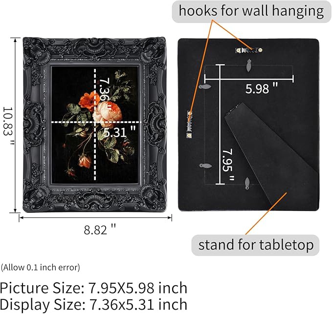 Black 6X8 Vintage Picture Frame, Gothic Ornate Antique Style with Real Glass, 6 X 8 Photo Frame for Wall or Tabletop, Home Decor