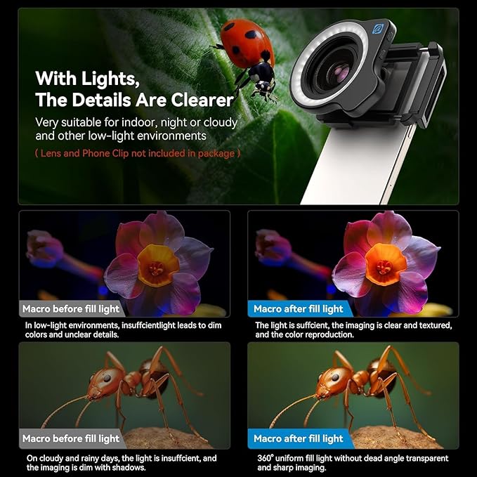 37mm+52mm Thread Macro Lens Fill Light (Only Light), Portable Phone Lens Ring Light with High Power 32 LED/CRI 95+/ 45 Light Modes, Lens Attachments for All 37mm+52mm Phone Lens/Filter/Camera Lens