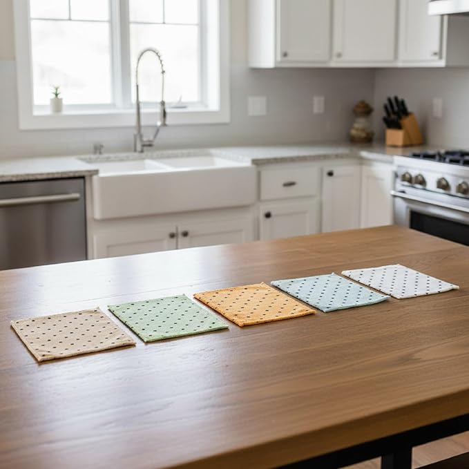 8-Pack Ultra-Fine Microfiber Kitchen Towels, 7-Inch Square with 8 Clips & Multiple Patterns – Soft, Absorbent, Reusable Cleaning Cloths (Polka dots)