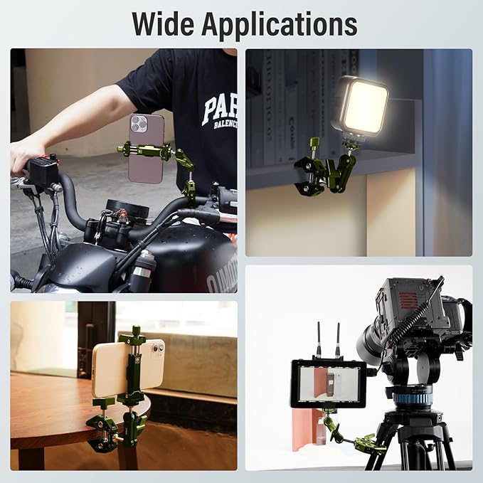 SIRUI Articulating Camera Mount Clamp with Phone Holder, Magic Arm Super Clamp with 1/4"-20 Thread and 3/8"-16 Locating Hole for ARRI, Ball Head Mount for Monitor and Bicycle, MA-G, Green