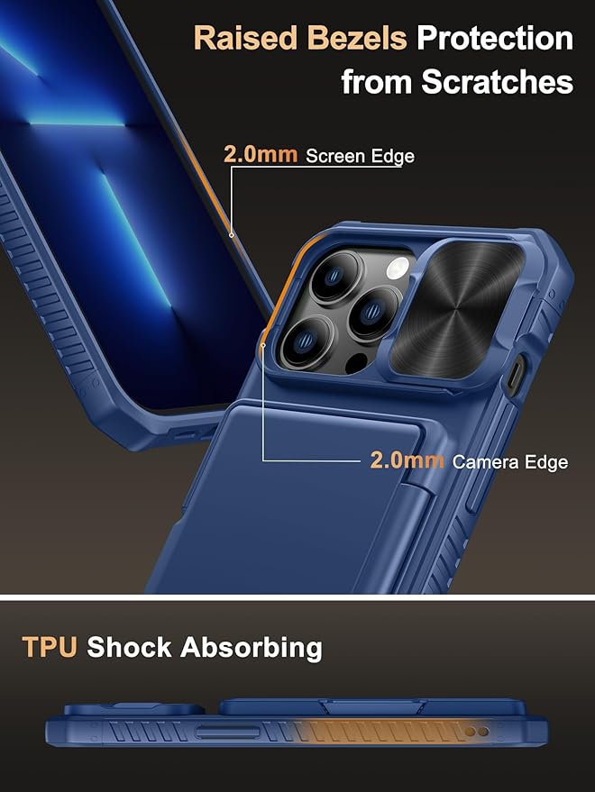 Vihibii for iPhone 13 Pro Case with Card Holder (4 Cards), [RFID Blocking] & Slide Camera Cover, Military Grade Drop Protection, Heavy Duty Shockproof Wallet Cover for iPhone 13 Pro, 6.1" 2021, Blue