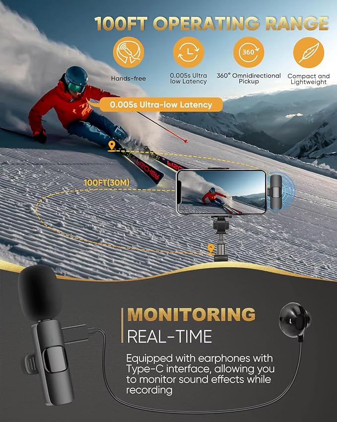 SAKHAR Wireless Lavalier Mic for iPhone & Android USB-C, Dual Clip-On Lapel Mics with DSP Noise Reduction, Plug & Play, 2 Transmitters + Receiver for TikTok, YouTube, Interviews & Video Recording