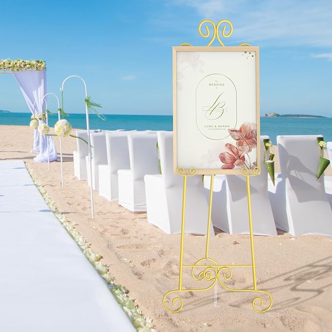 Gold Easel Stand for Sign, Vintage Decorative Adjustable Floor Metal Display Easel with Chain Support for Wedding Signs, Art, Posters, Pictures, Welcome Signs, Suitable for Home, Parties, Galleries
