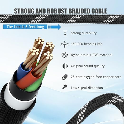 Pro XLR Cables - 1 Pack: 6ft Quad-Core Twisted Dual-Shielded Nylon-Braided Oxygen-Free Copper (OFC) 3-Pin Male-to-Female Microphone Cables