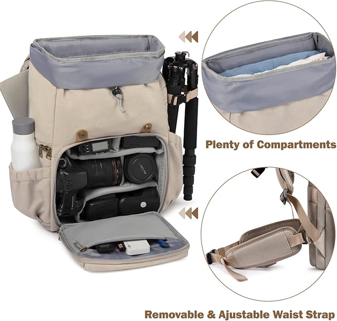 BAGSMART Camera Backpack, DSLR Camera Bag, Waterproof Camera Bag Backpack for Photographers, Fit up to 15" Laptop with Rain Cover and Tripod Holder, Ivory White